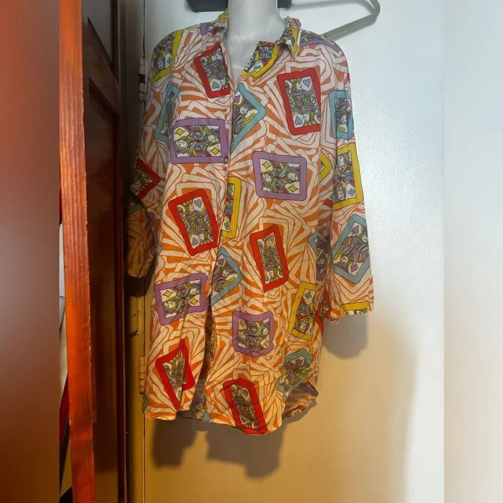 vintage dress shirt playing cards logo deck of cards top bright blouse y2k rare